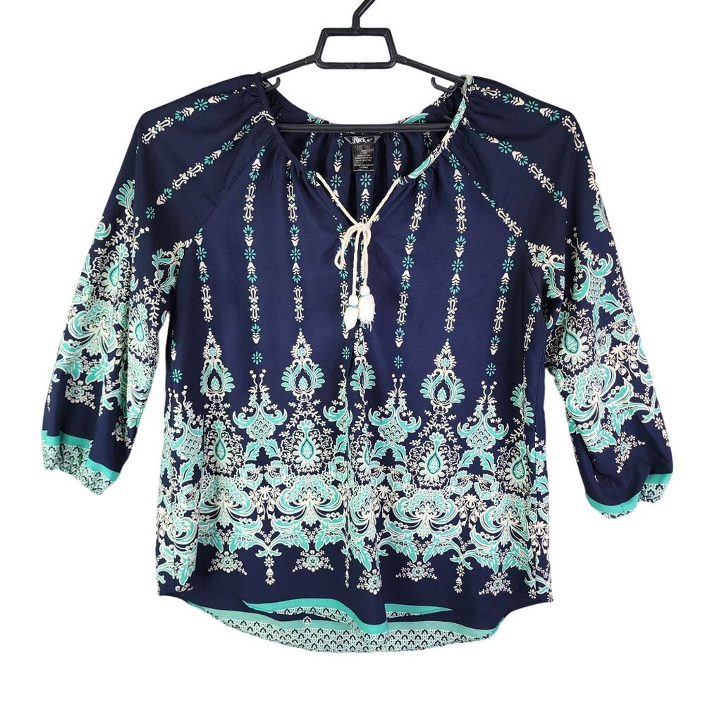 Wrangler Women's Navy & Teal Rock 47 Boho Print Top Blouse V Neck Tie XLT
